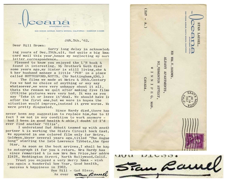 Stan Laurel Letter Signed -- ''...The films we made at Metro & 20th Century Fox we had no choice of anything or any say whatsoever, we were very unhappy about it all...We were pretty disgusted...''